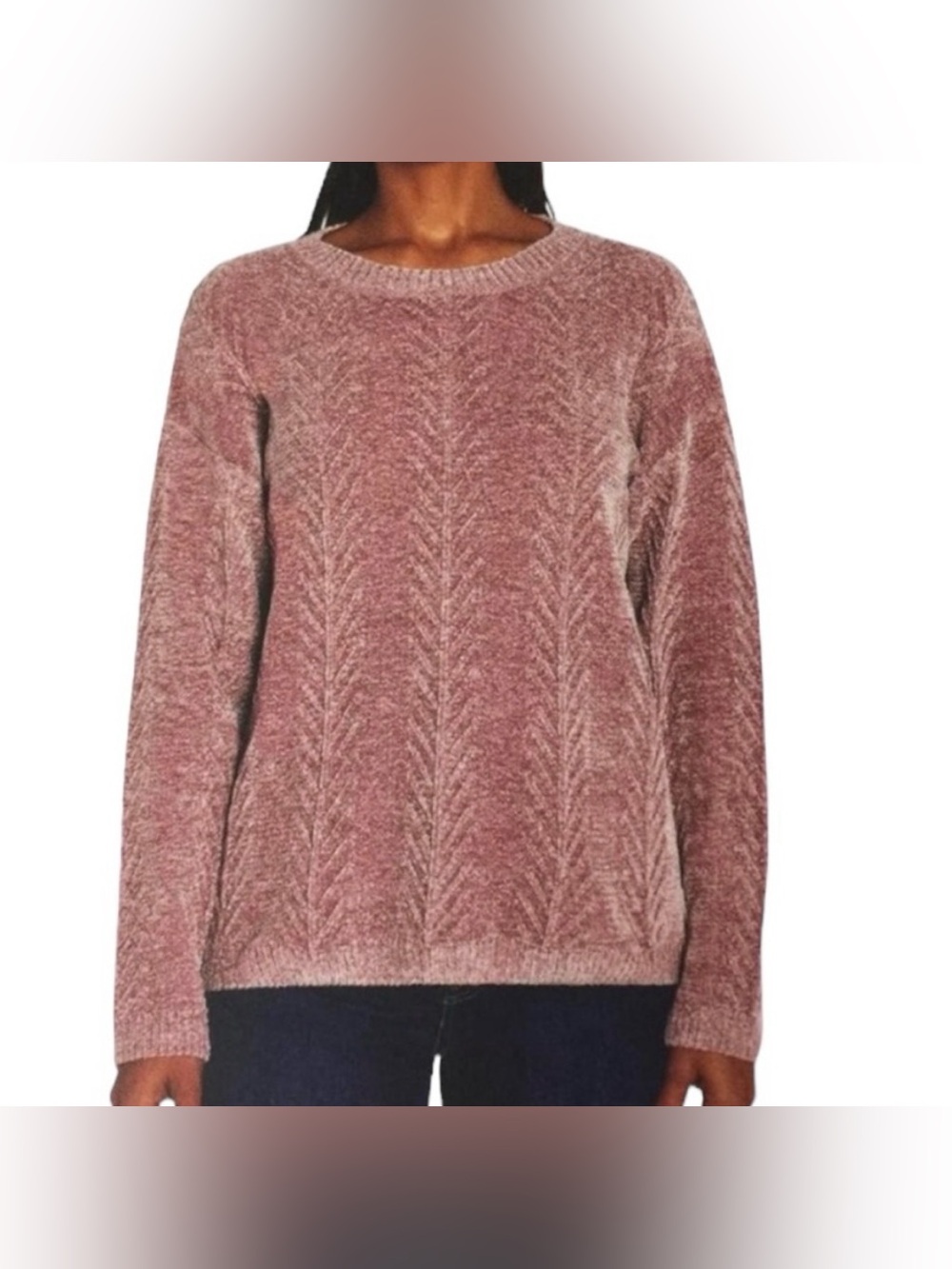 Orvis Plush Cozy Warm Dusty Pink Rose Chenille Cable Knit Crewneck Sweater Sz L